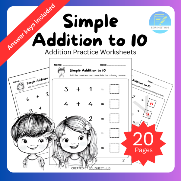 Simple Addition to 10 Worksheets