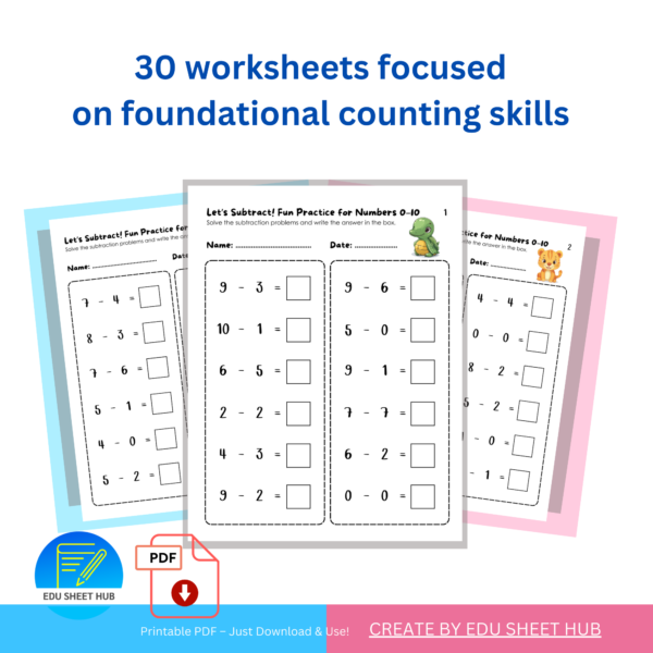 Subtraction 0–10 Worksheets for Kids | 30 Printable Pages with Answers - Image 2