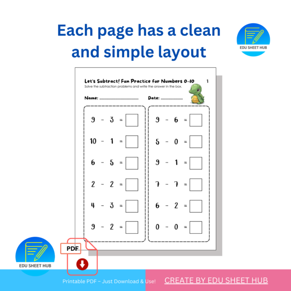 Subtraction 0–10 Worksheets for Kids | 30 Printable Pages with Answers - Image 3