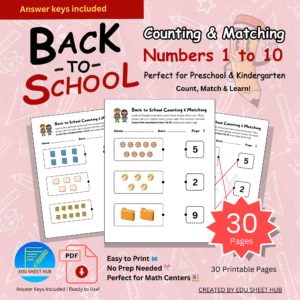 Back to School Counting & Matching Worksheets