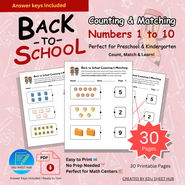 Back to School Counting & Matching Worksheets