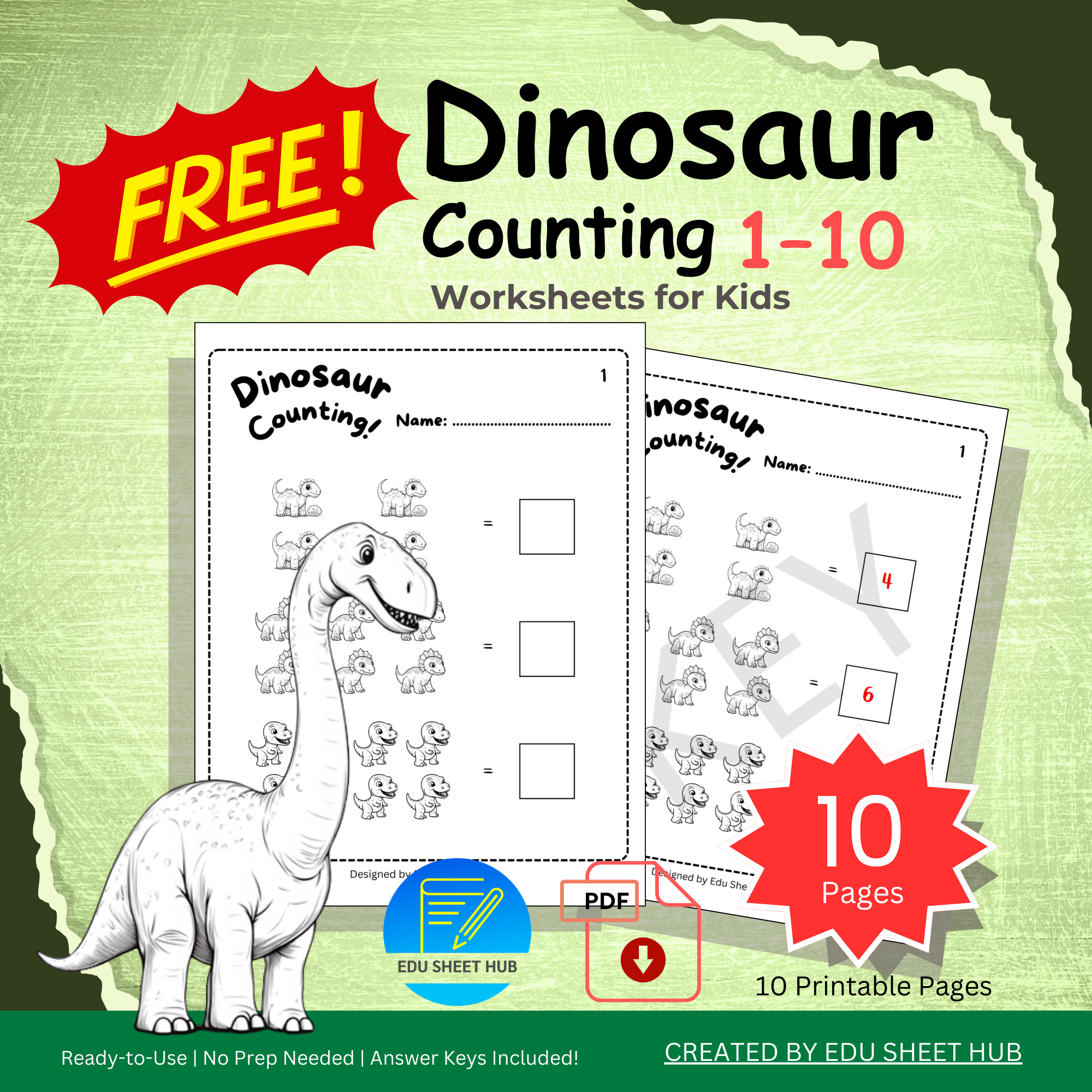 FREE Dinosaur Counting Worksheets 1β10