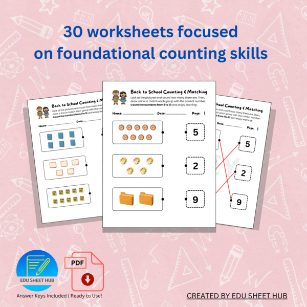 Back to School Counting & Matching Worksheets