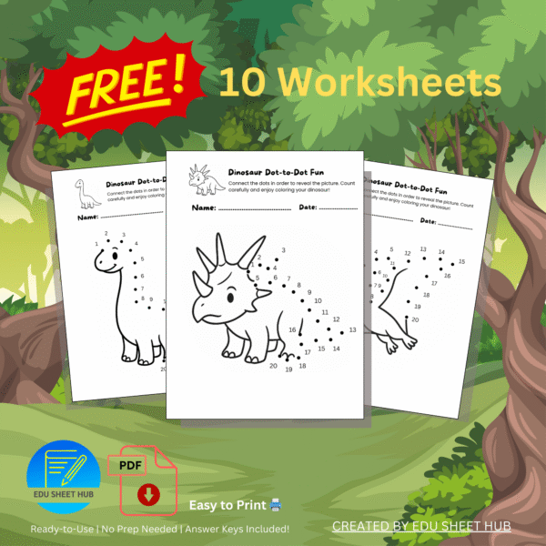 FREE Dinosaur Number Dot-to-Dot Worksheets