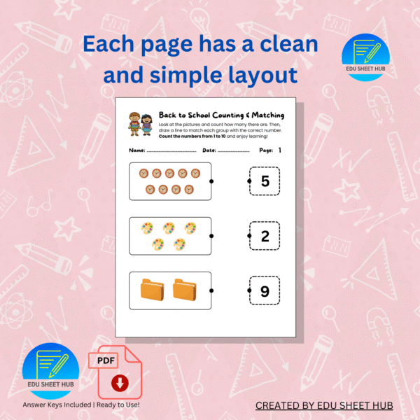 Back to School Counting & Matching Worksheets