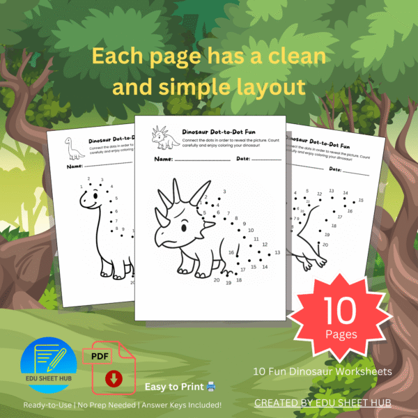 FREE Dinosaur Number Dot-to-Dot Worksheets