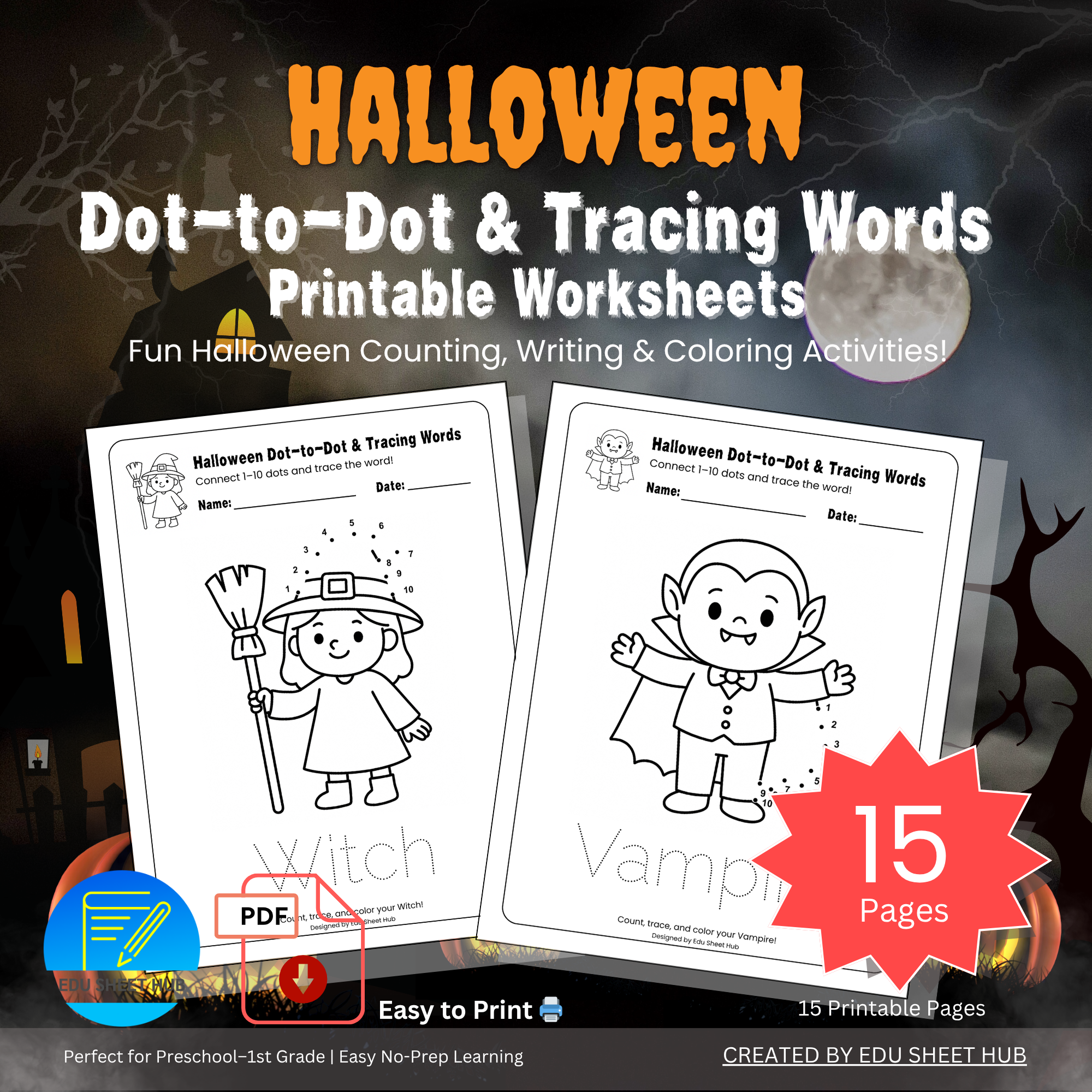 Halloween Dot-to-Dot & Tracing Words Printable