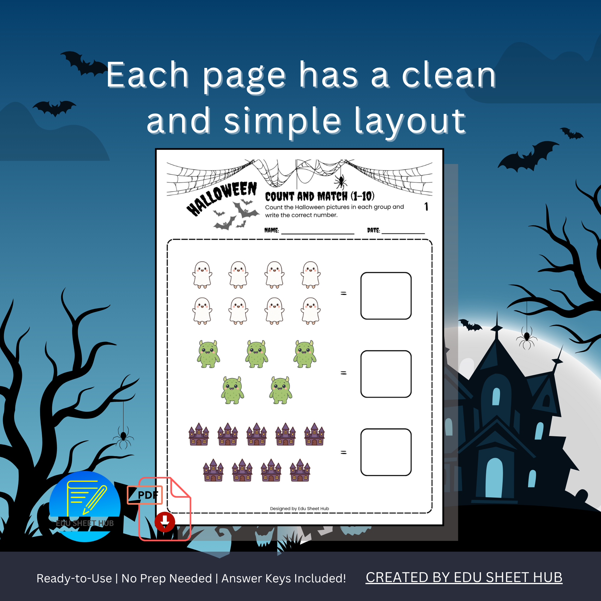 Halloween Count and Match Worksheets (1–10)