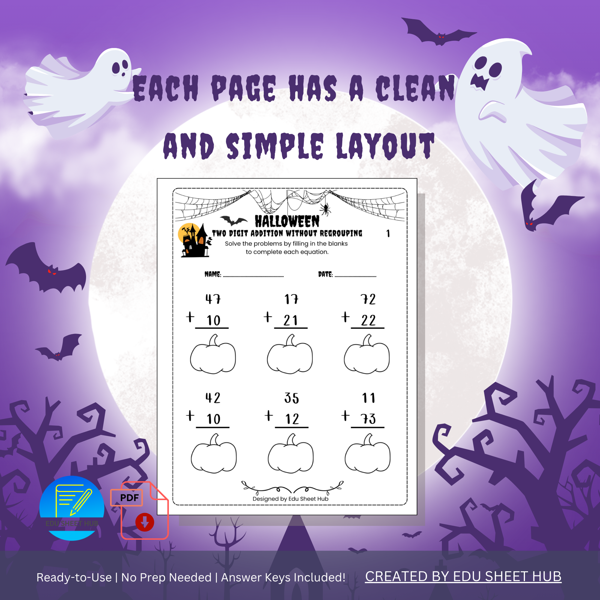 Halloween Two-Digit Addition Without Regrouping