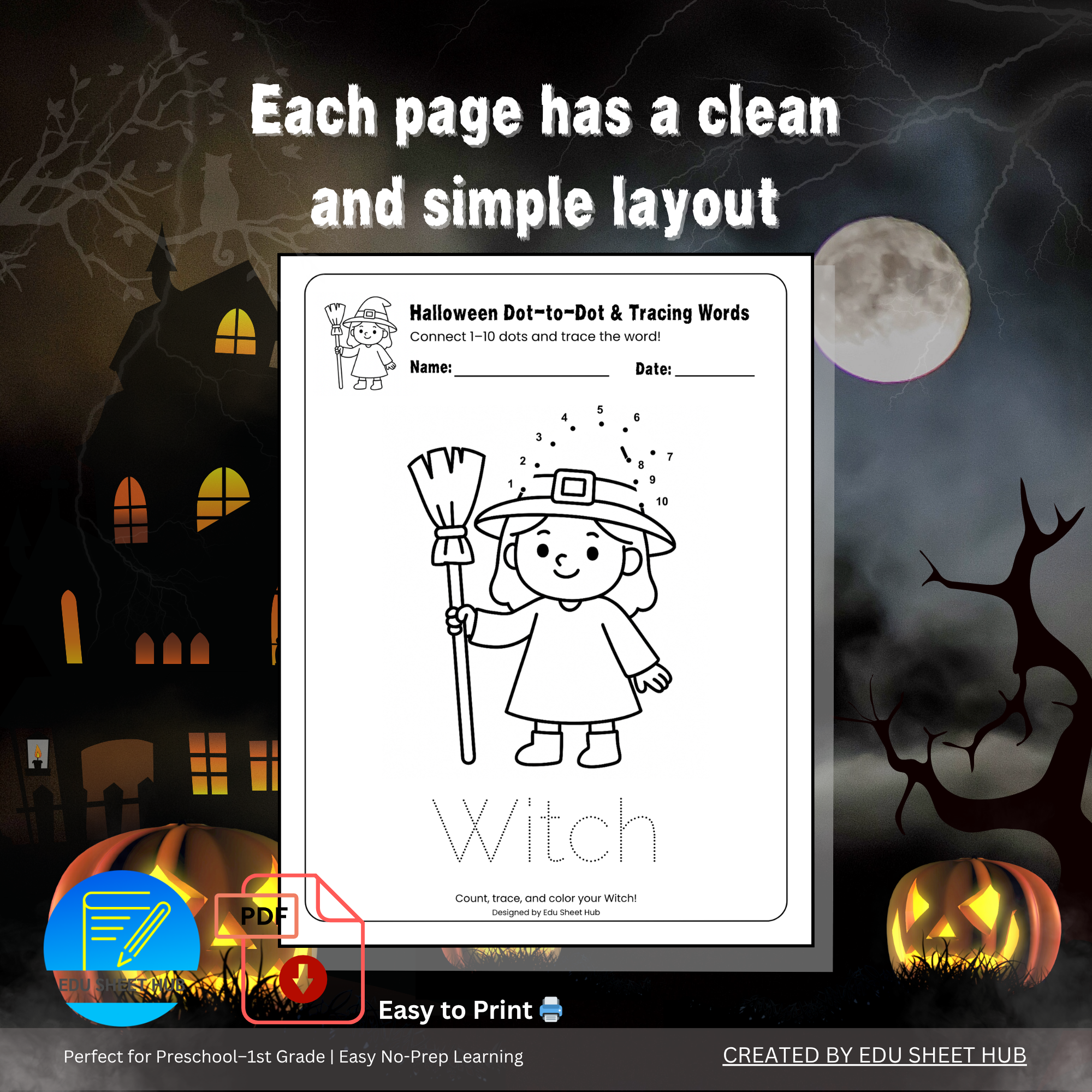 Halloween Dot-to-Dot & Tracing Words Printable